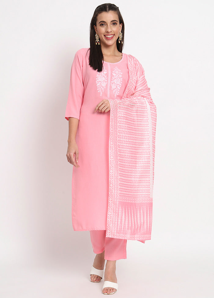 3 Pc Pink Readymade Cotton Dupatta Suit Set