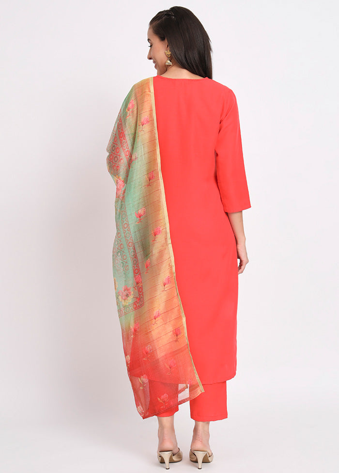 3 Pc Red Readymade Cotton Dupatta Suit Set