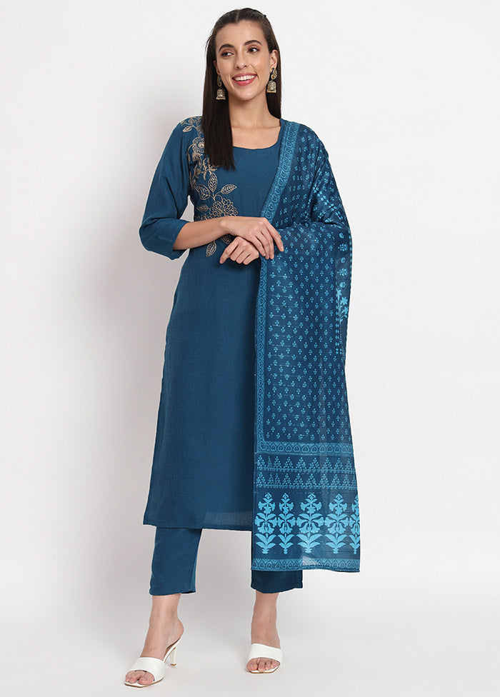 3 Pc Blue Readymade Cotton Dupatta Suit Set