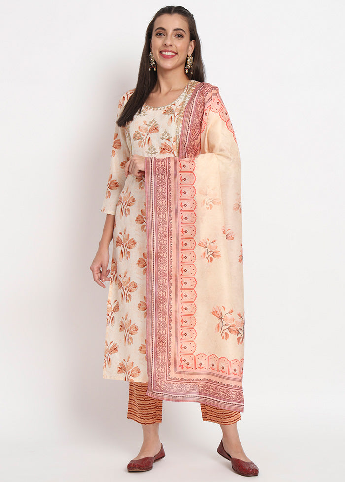 3 Pc Cream Readymade Cotton Dupatta Suit Set