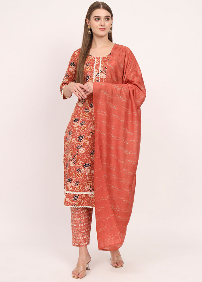 3 Pc Orange Readymade Cotton Dupatta Suit Set