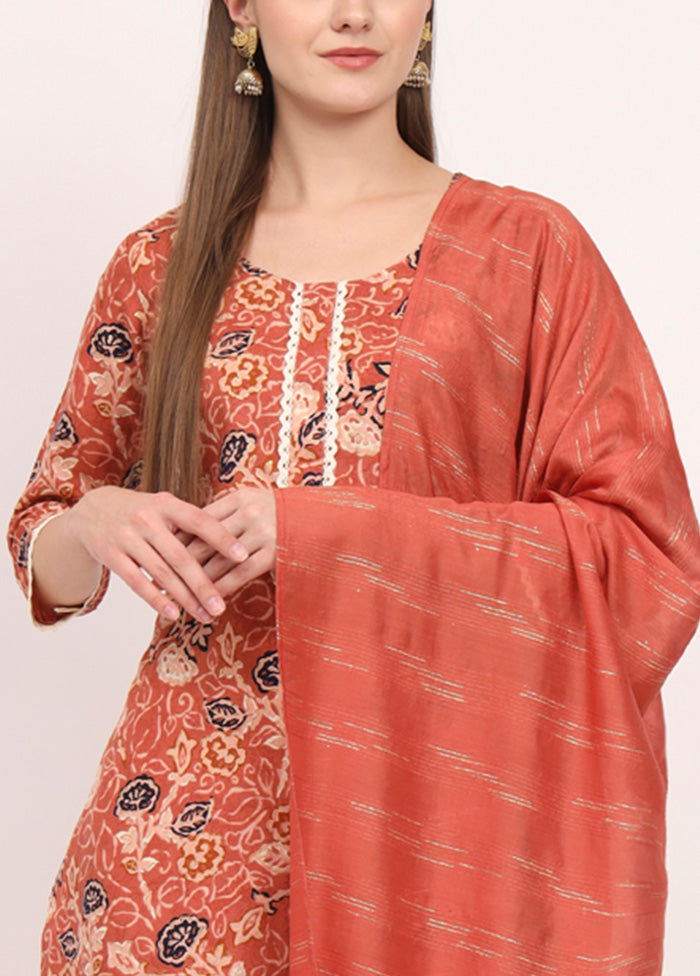 3 Pc Orange Readymade Cotton Dupatta Suit Set