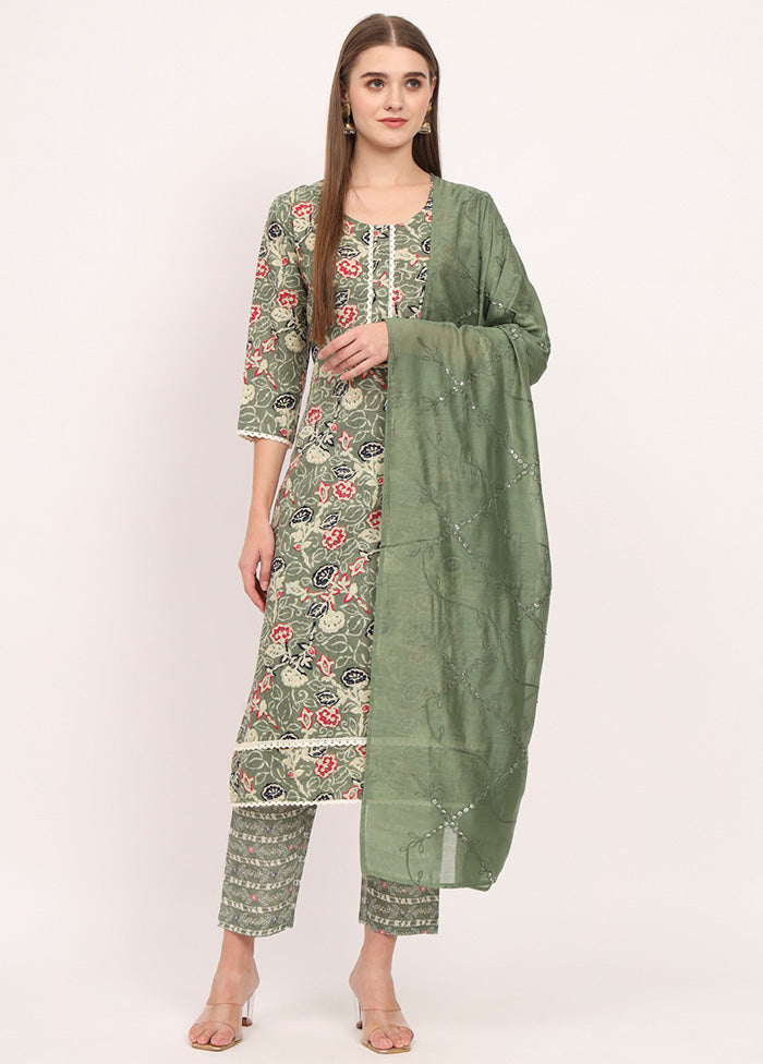 3 Pc Green Readymade Cotton Dupatta Suit Set