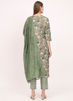 3 Pc Green Readymade Cotton Dupatta Suit Set