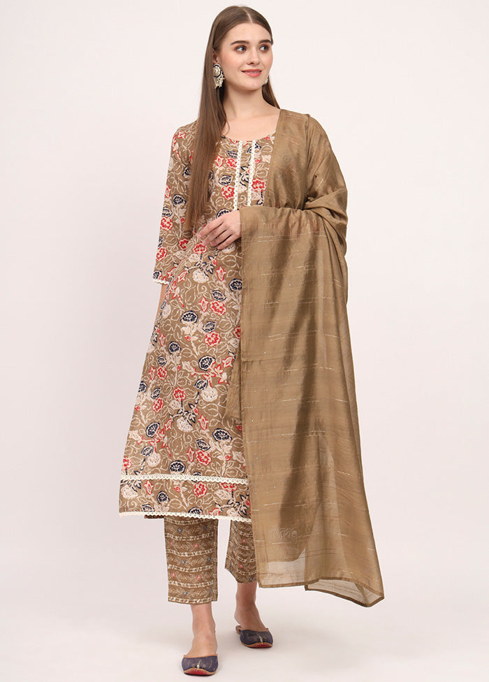 3 Pc Brown Readymade Cotton Dupatta Suit Set