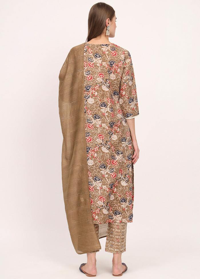 3 Pc Brown Readymade Cotton Dupatta Suit Set