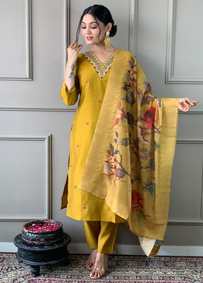 3 Pc Mustard Readymade Chanderi Dupatta Suit Set