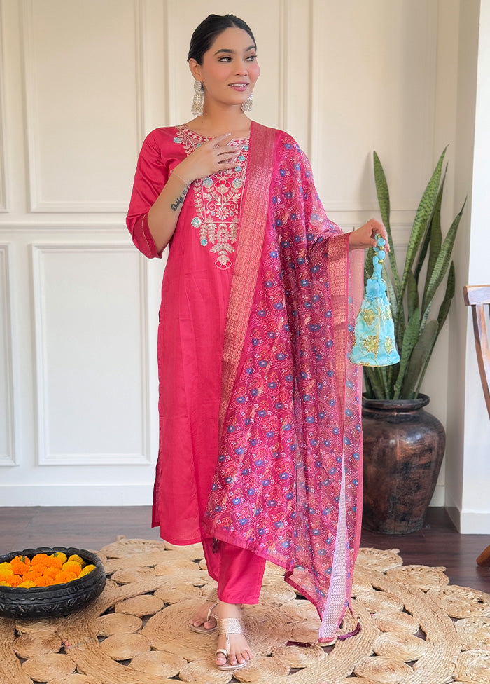 3 Pc Pink Readymade Chanderi Dupatta Suit Set