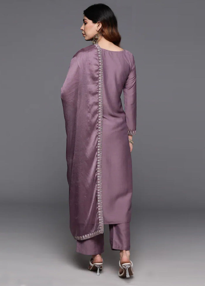 3 Pc Purple Readymade Chanderi Dupatta Suit Set