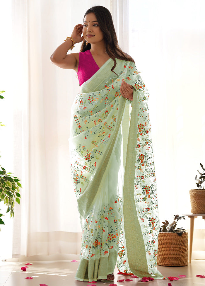 Pista Green Organza Saree With Blouse Piece