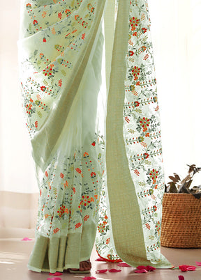 Pista Green Organza Saree With Blouse Piece