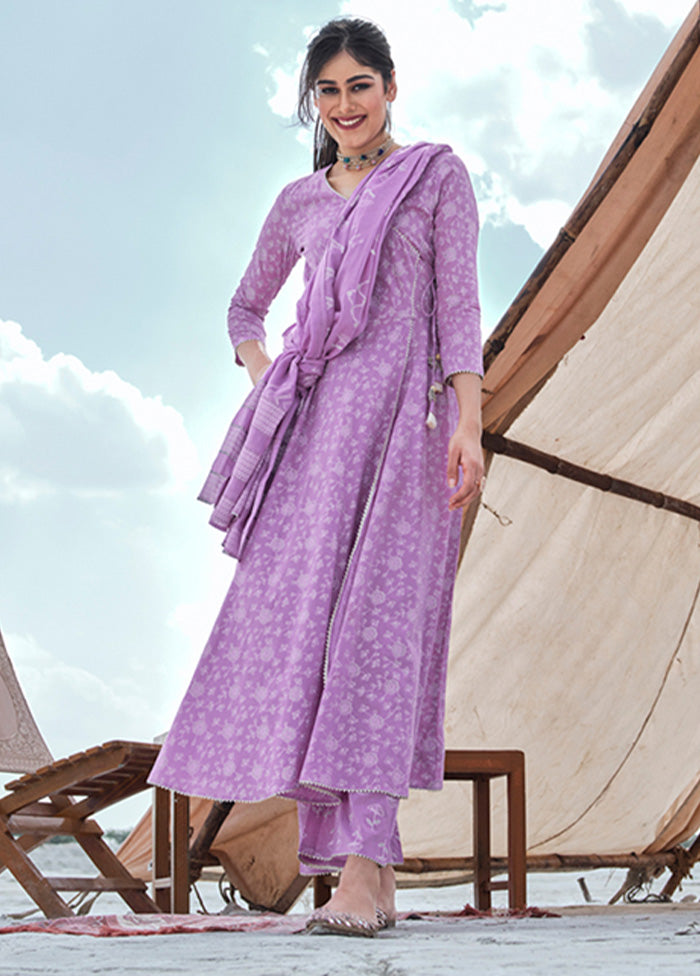 3 Pc Purple Readymade Cotton Dupatta Suit Set