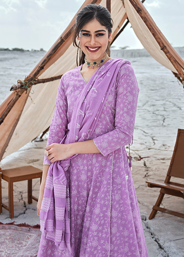 3 Pc Purple Readymade Cotton Dupatta Suit Set