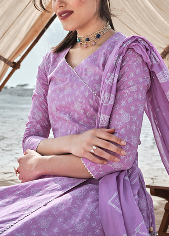 3 Pc Purple Readymade Cotton Dupatta Suit Set