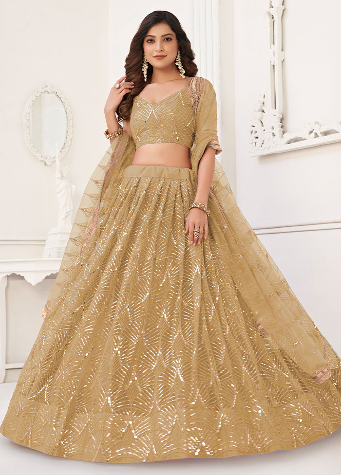 3 Pc Beige Net Semi Stitched Lehenga Set