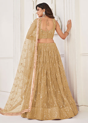 3 Pc Beige Net Semi Stitched Lehenga Set