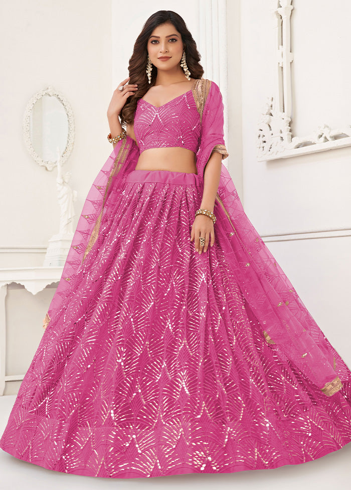 3 Pc Pink Net Semi Stitched Lehenga Set