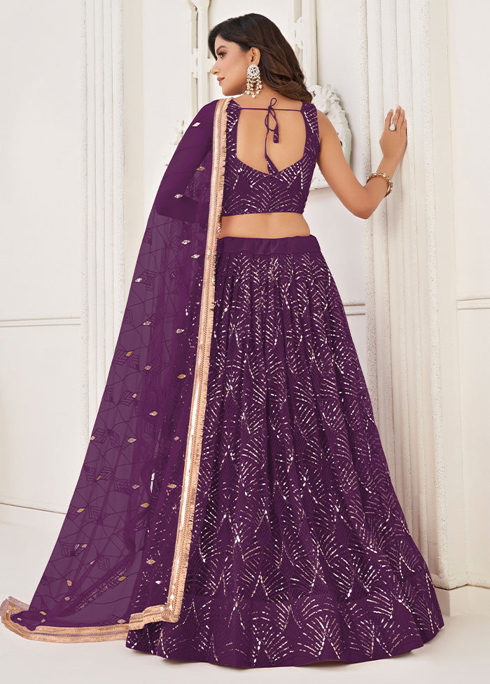 3 Pc Wine Net Semi Stitched Lehenga Set