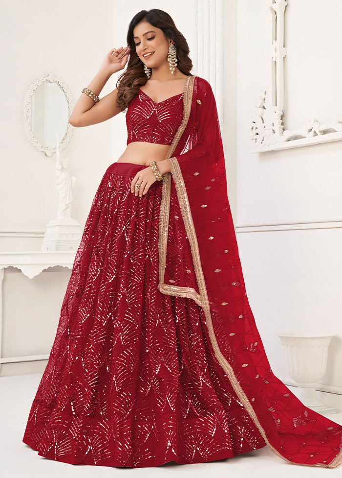 3 Pc Maroon Net Semi Stitched Lehenga Set