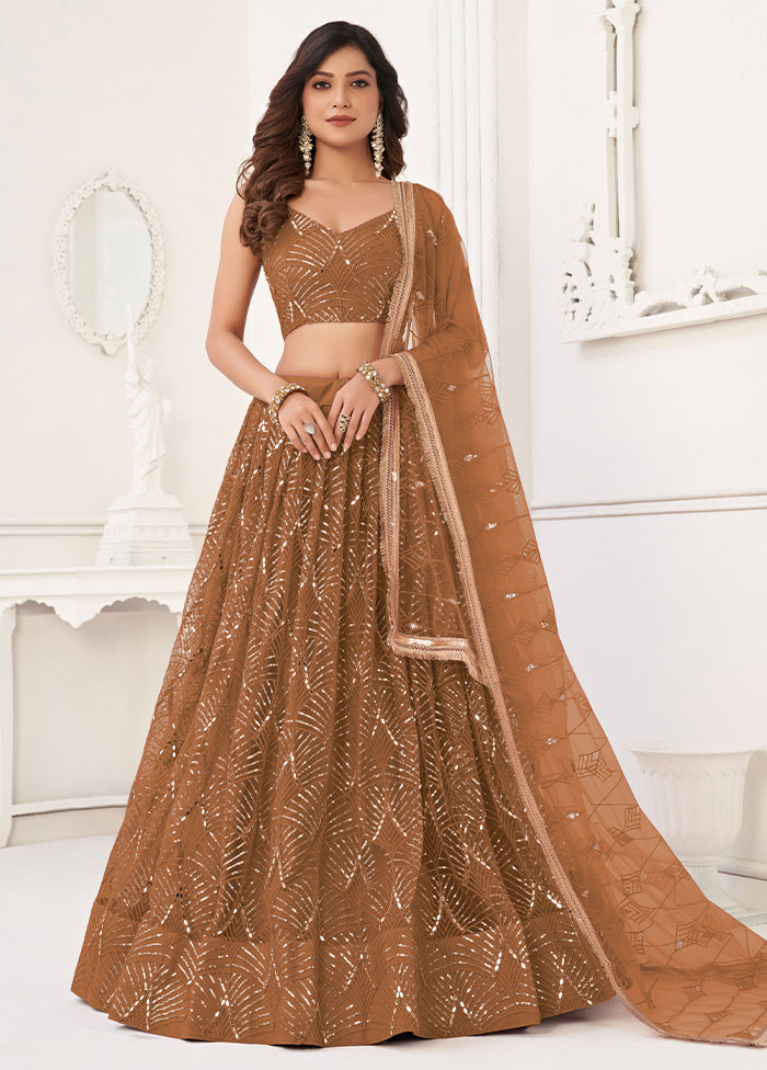 3 Pc Brown Net Semi Stitched Lehenga Set