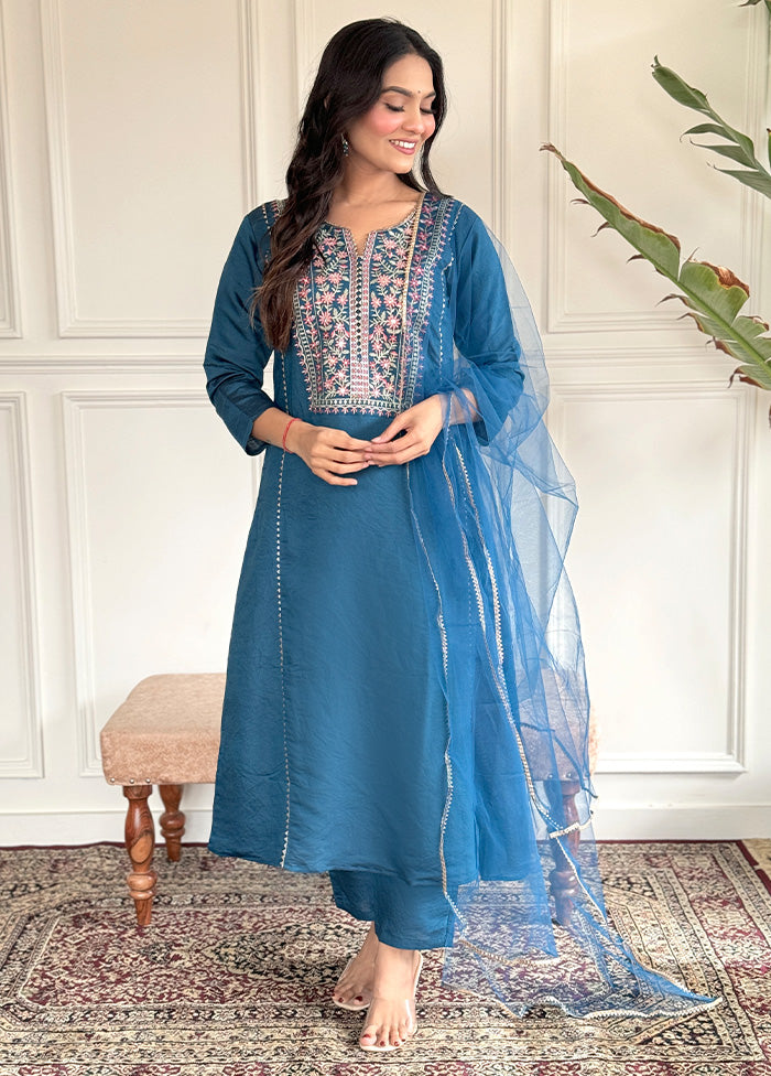 3 Pc Blue Readymade Chanderi Dupatta Suit Set