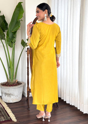 3 Pc Yellow Readymade Chanderi Dupatta Suit Set
