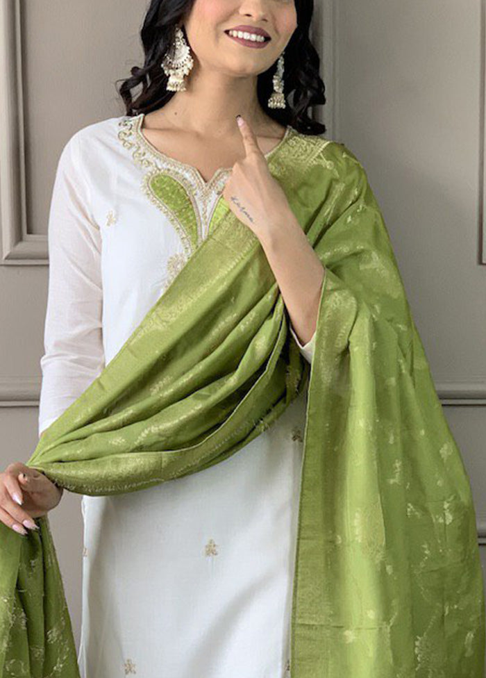 3 Pc White Readymade Chanderi Dupatta Suit Set