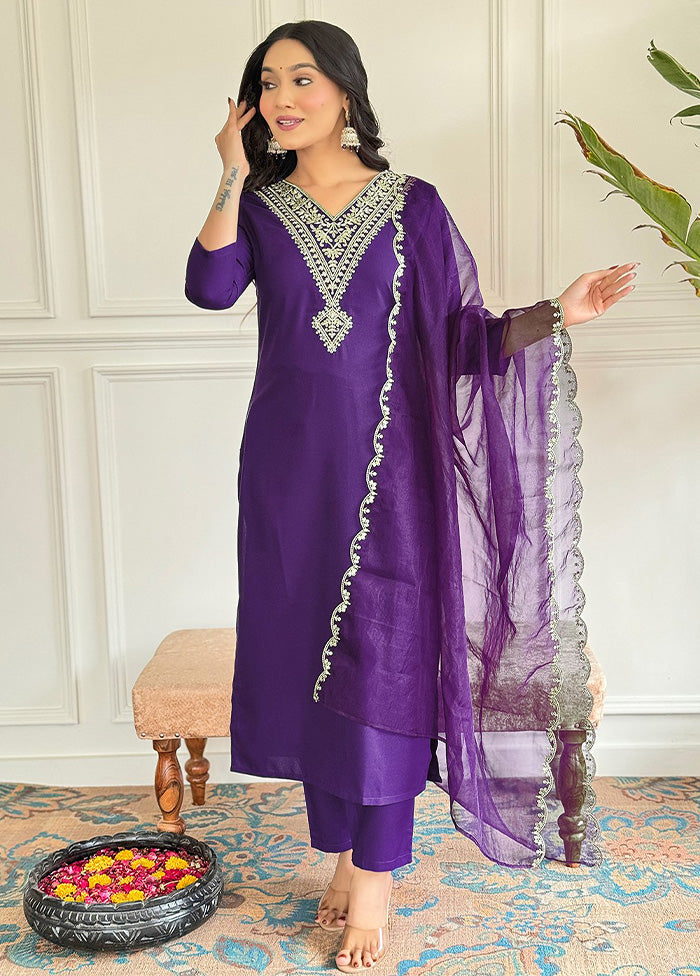 3 Pc Purple Readymade Viscose Dupatta Suit Set