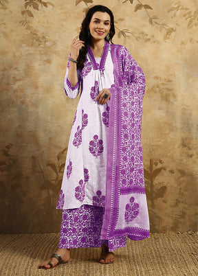 3 Pc Purple Readymade Cotton Dupatta Suit Set