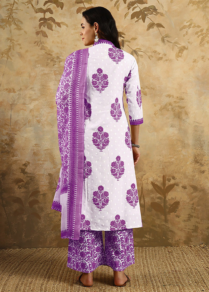 3 Pc Purple Readymade Cotton Dupatta Suit Set