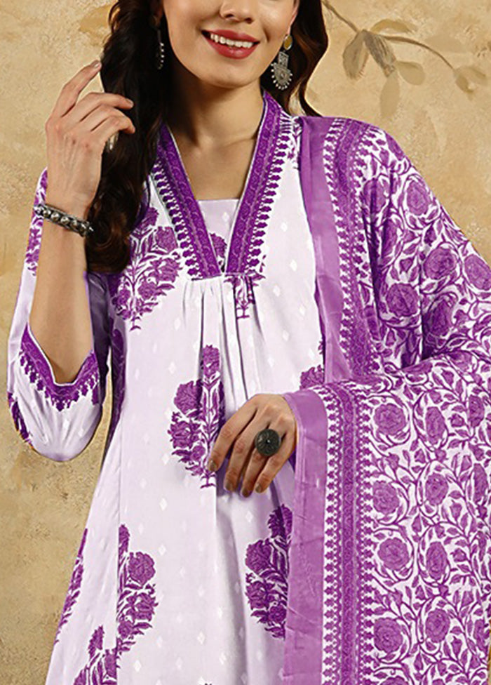 3 Pc Purple Readymade Cotton Dupatta Suit Set