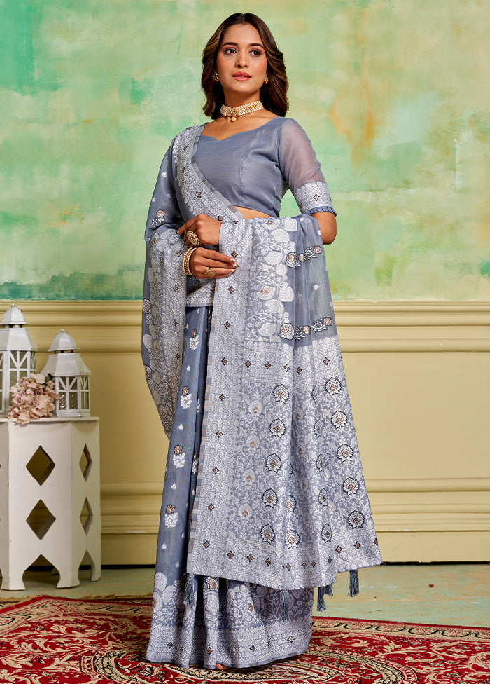 Grey Cotton Saree With Blouse Piece