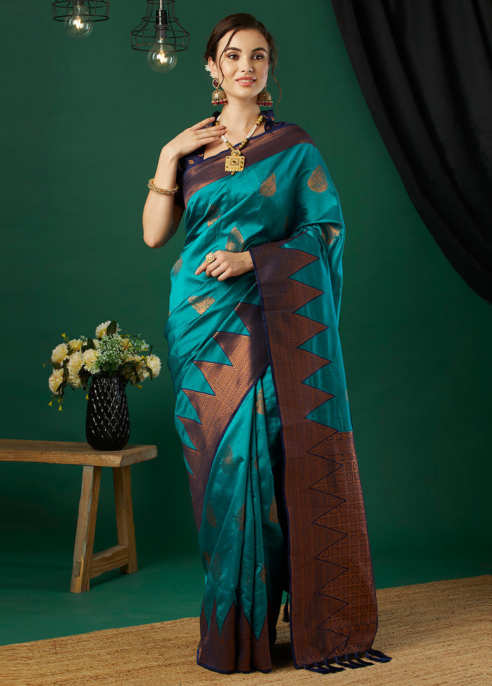 Aqua Banarasi Silk Saree With Blouse Piece