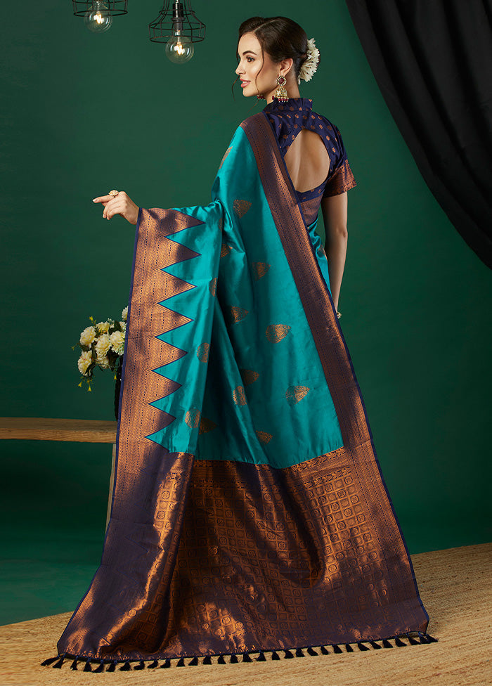 Aqua Banarasi Silk Saree With Blouse Piece