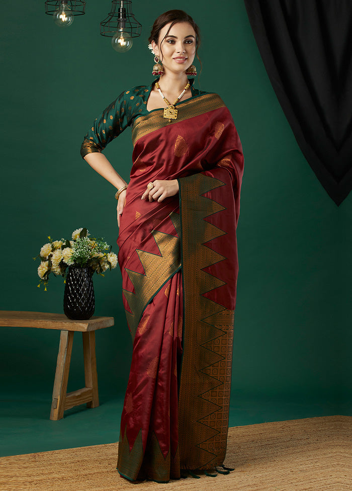 Maroon Banarasi Silk Saree With Blouse Piece