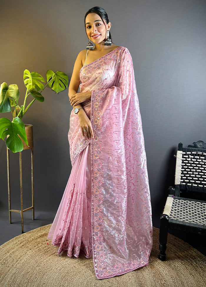 Pink Net Net Saree With Blouse Piece