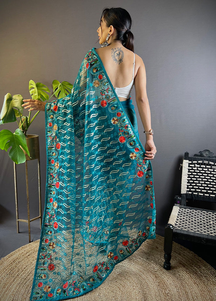 Rama Net Net Saree With Blouse Piece