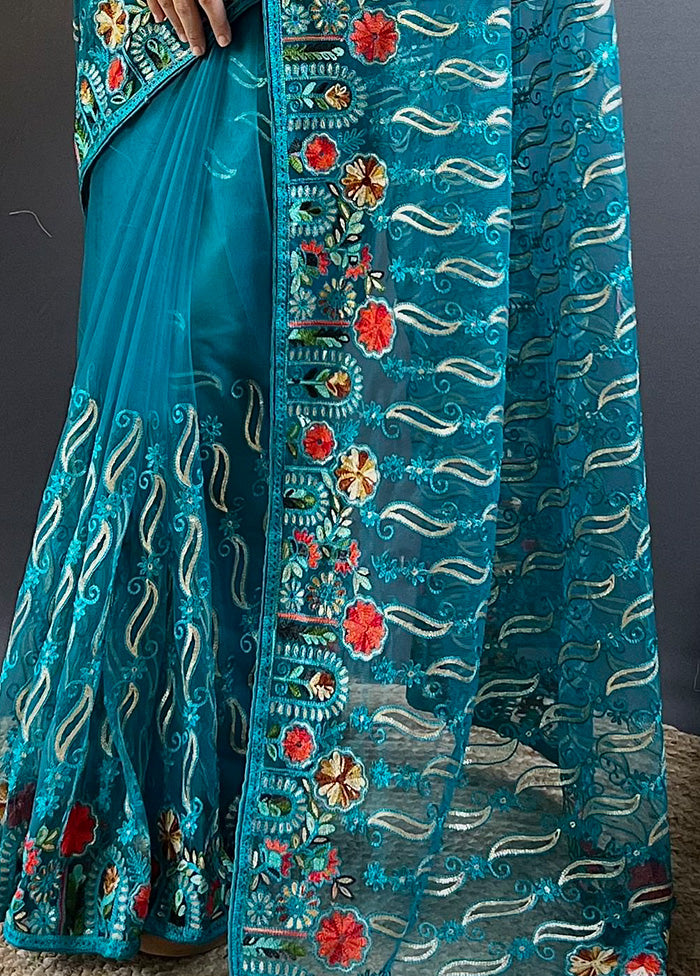 Rama Net Net Saree With Blouse Piece