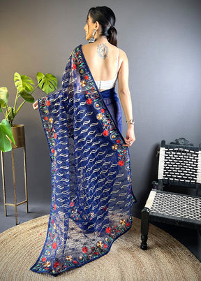 Blue Net Net Saree With Blouse Piece