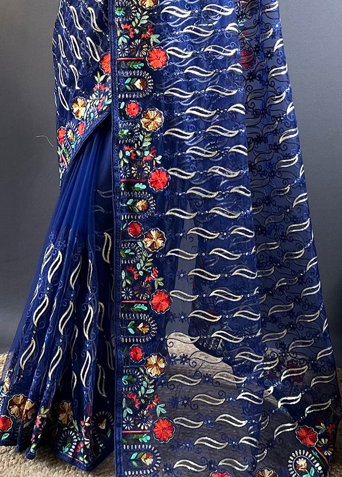 Blue Net Net Saree With Blouse Piece