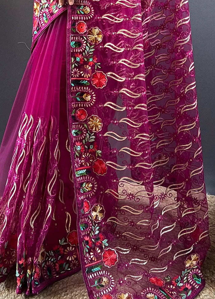 Magenta Net Net Saree With Blouse Piece