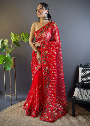 Red Net Net Saree With Blouse Piece