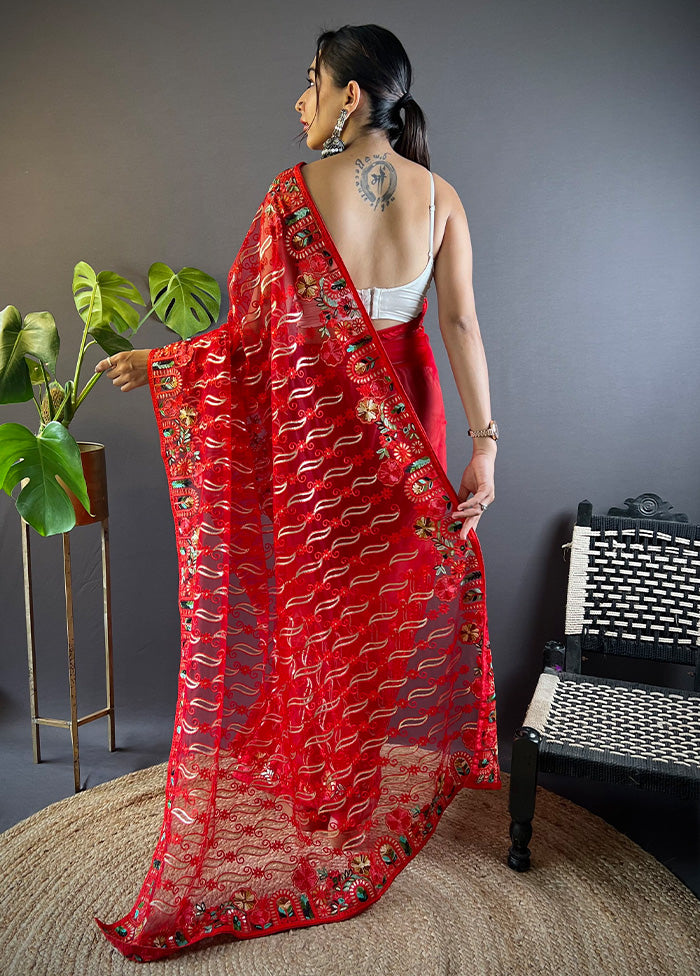 Red Net Net Saree With Blouse Piece