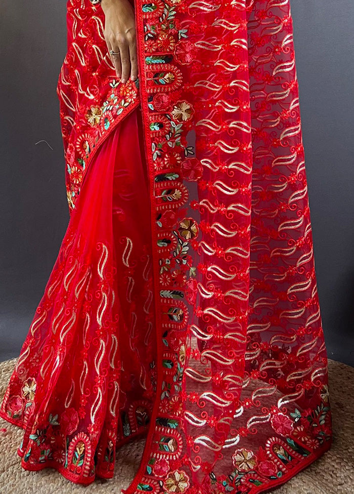 Red Net Net Saree With Blouse Piece