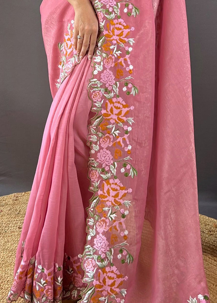 Pink Spun Silk Saree With Blouse Piece