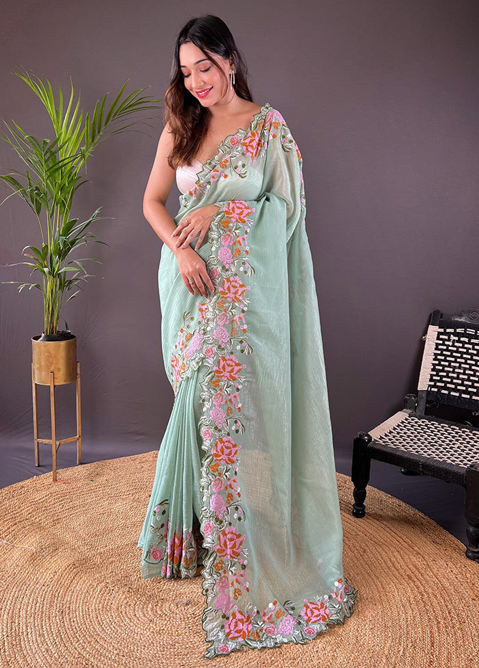 Pista Green Spun Silk Saree With Blouse Piece