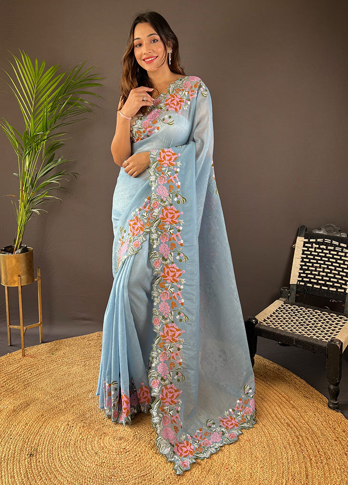 Sky Blue Spun Silk Saree With Blouse Piece