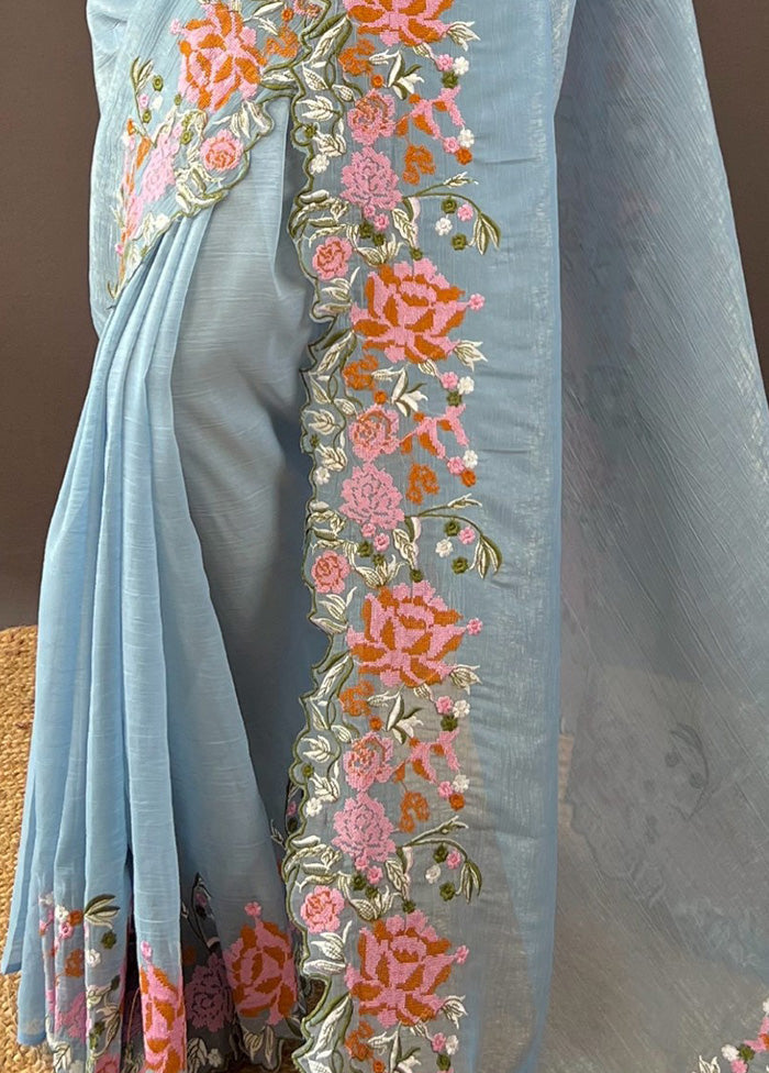 Sky Blue Spun Silk Saree With Blouse Piece