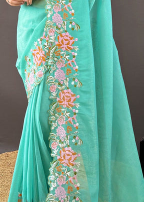 Sea Green Spun Silk Saree With Blouse Piece