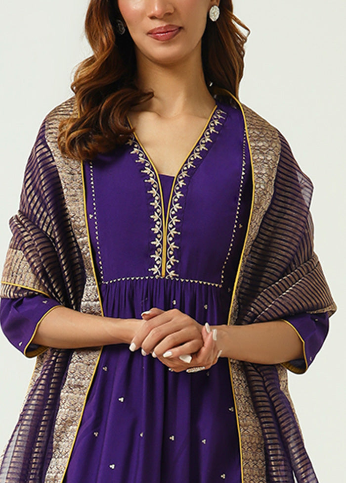 3 Pc Purple Readymade Chanderi Dupatta Suit Set